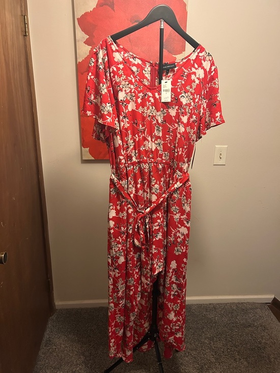 Lane Bryant Pants - Lane Bryant Red Floral Short Sleeve Jumpsuit with Tie Waist